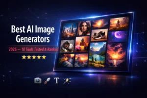 Top AI image generators 2026 featured image with artwork grid and futuristic UI design