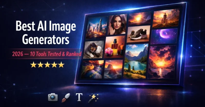 Top AI image generators 2026 featured image with artwork grid and futuristic UI design