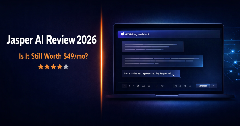 Jasper AI Review 2026 dashboard showing AI writing features and pricing